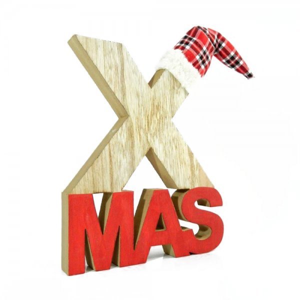 Χριστουγεννιάτικο Ξύλινο Επιτραπέζιο Διακοσμητικό "XMAS", με Σκούφο (24cm)